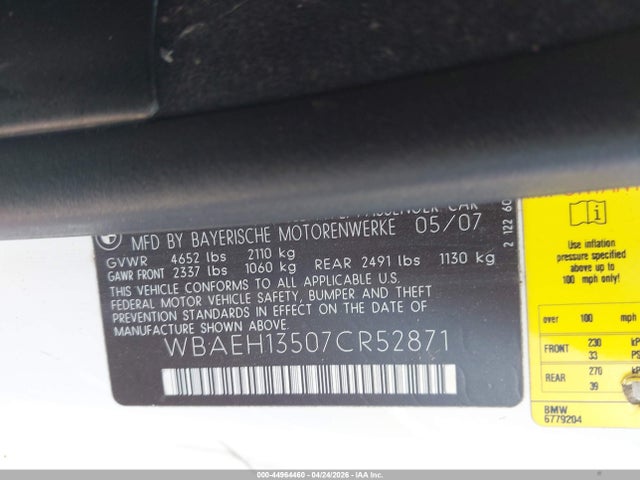 Aukcja sprzedaży 2007 Bmw 650i, vin: WBAEH13507CR52871, numer aukcji: 44964460