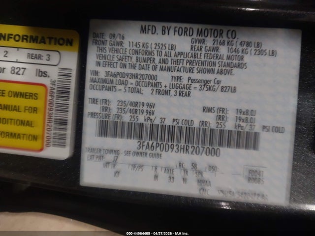 2017 Ford Fusion Titanium მანქანა იყიდება აუქციონზე, vin: 3FA6P0D93HR207000, აუქციონის ნომერი: 44964469