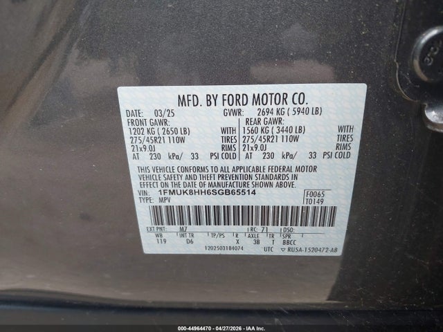 Aukcja sprzedaży 2025 Ford Explorer Platinum, vin: 1FMUK8HH6SGB65514, numer aukcji: 44964470
