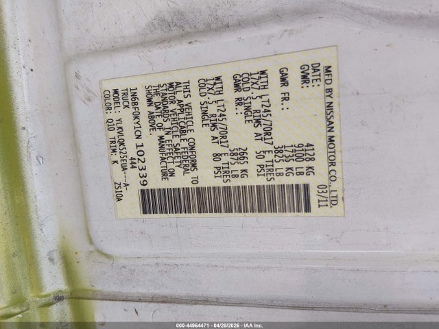 2012 Nissan Nv 2500 Nv2500 Hd S V6 მანქანა იყიდება აუქციონზე, vin: 1N6BF0KY1CN102339, აუქციონის ნომერი: 44964471