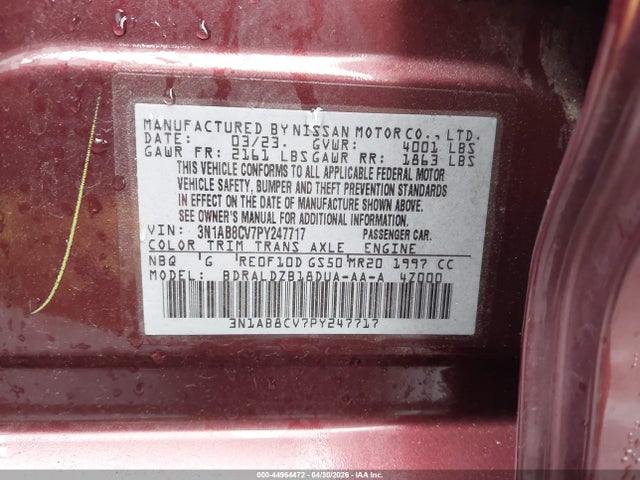 2023 Nissan Sentra Sv Xtronic Cvt მანქანა იყიდება აუქციონზე, vin: 3N1AB8CV7PY247717, აუქციონის ნომერი: 44964472