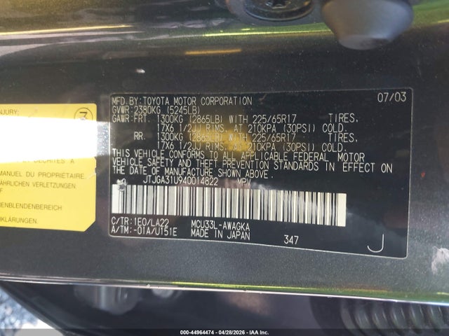 Auction sale of the 2004 Lexus Rx 330, vin: JTJGA31U940014822, lot number: 44964474