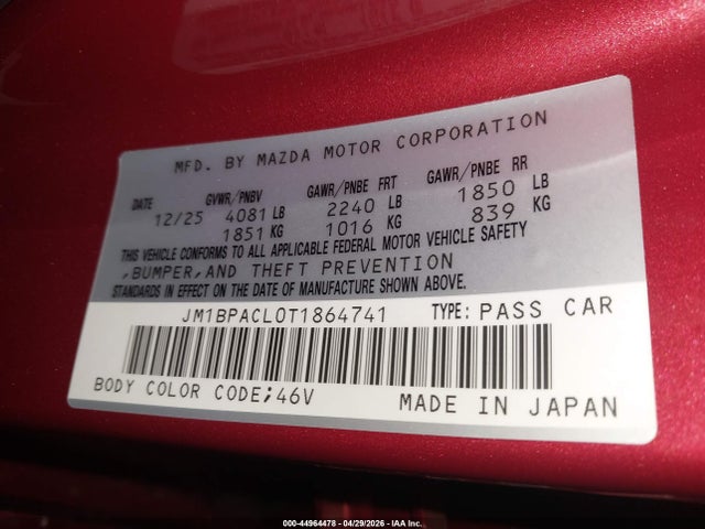 44964478 :رقم المزاد ، JM1BPACL0T1864741 vin ، 2026 Mazda Mazda3 2.5 S Preferred مزاد بيع