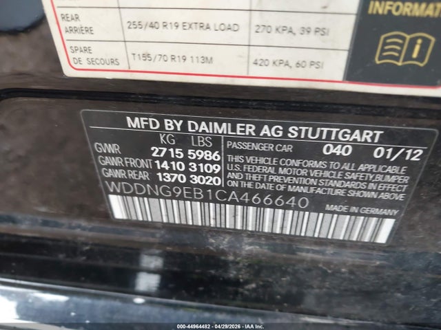 Aukcja sprzedaży 2012 Mercedes-benz S 550 4matic, vin: WDDNG9EB1CA466640, numer aukcji: 44964482