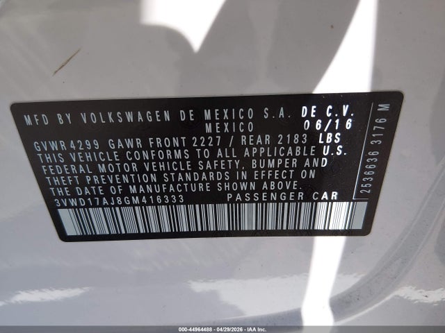 Aukcja sprzedaży 2016 Volkswagen Jetta 1.8t Sport, vin: 3VWD17AJ8GM416333, numer aukcji: 44964488