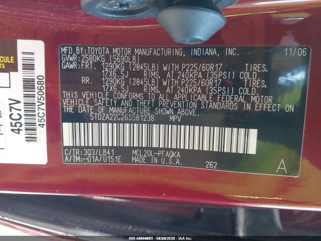 Aukcja sprzedaży 2006 Toyota Sienna Xle, vin: 5TDZA22C26S581238, numer aukcji: 44964491
