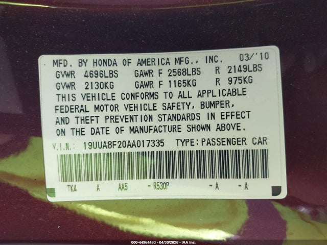 Aukcja sprzedaży 2010 Acura Tl 3.5, vin: 19UUA8F20AA017335, numer aukcji: 44964493