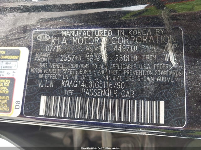 Auction sale of the 2016 Kia Optima Lx, vin: KNAGT4L31G5116790, lot number: 44964498