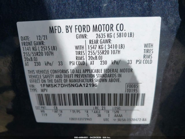 2022 Ford Explorer Xlt მანქანა იყიდება აუქციონზე, vin: 1FMSK7DH5NGA12196, აუქციონის ნომერი: 44964501