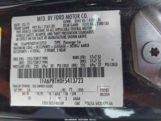 Продаж на аукціоні авто 2015 Ford Mustang Ecoboost, vin: 1FA6P8TH0F5413723, номер лоту: 44964505