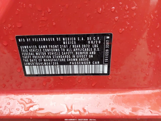44964511 :رقم المزاد ، 3VWCB7BU4LM061205 vin ، 2020 Volkswagen Jetta 1.4t R-line/1.4t S/1.4t Se مزاد بيع