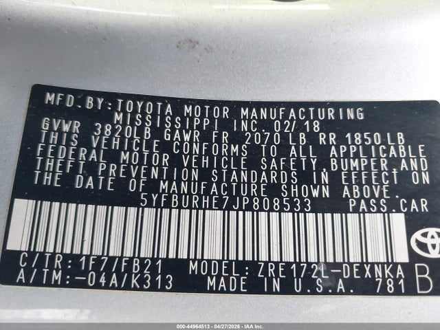 Toyota COROLLA LE 2018 5YFBURHE7JP808533 Image 9