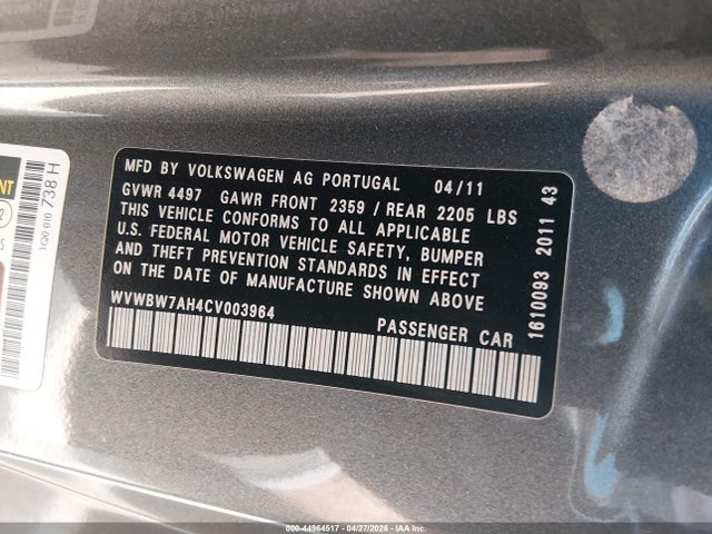 44964517 :رقم المزاد ، WVWBW7AH4CV003964 vin ، 2012 Volkswagen Eos Komfort مزاد بيع