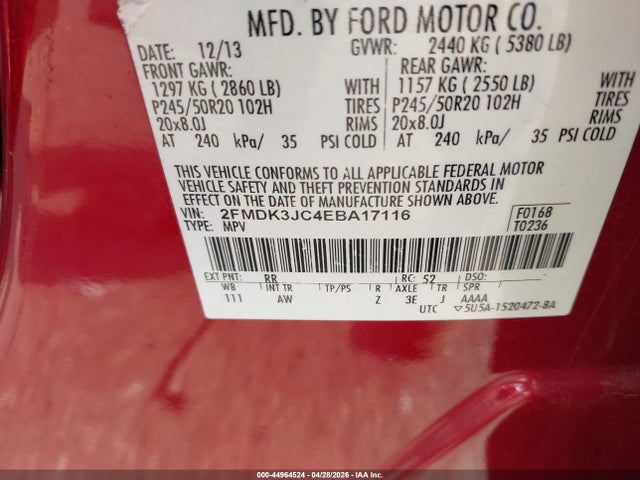2014 Ford Edge Sel მანქანა იყიდება აუქციონზე, vin: 2FMDK3JC4EBA17116, აუქციონის ნომერი: 44964524