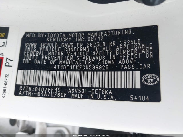 Продаж на аукціоні авто 2012 Toyota Camry Se, vin: 4T1BF1FK7CU598926, номер лоту: 44964525