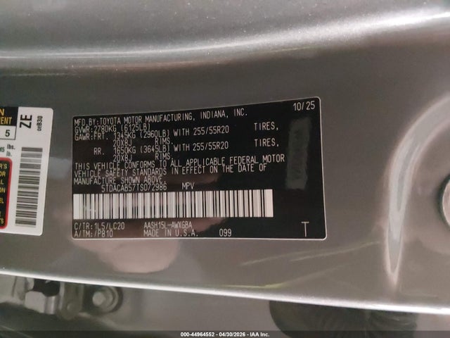 Aukcja sprzedaży 2026 Toyota Grand Highlander Hybrid Limited, vin: 5TDACAB57TS072986, numer aukcji: 44964552