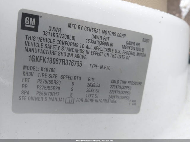 Aukcja sprzedaży 2007 Gmc Yukon Slt, vin: 1GKFK13067R376735, numer aukcji: 44964555