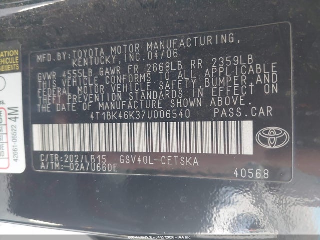 Продаж на аукціоні авто 2007 Toyota Camry Se V6, vin: 4T1BK46K37U006540, номер лоту: 44964576