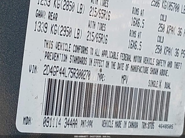 Продажа на аукционе авто 2005 Dodge Grand Caravan Sxt, vin: 2D4GP44L75R300270, номер лота: 44964577