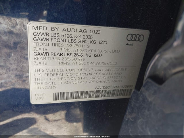 44964580 :رقم المزاد ، WA1DECF37M1023968 vin ، 2021 Audi Q3 Premium 45 Tfsi S Line Quattro Tiptronic مزاد بيع