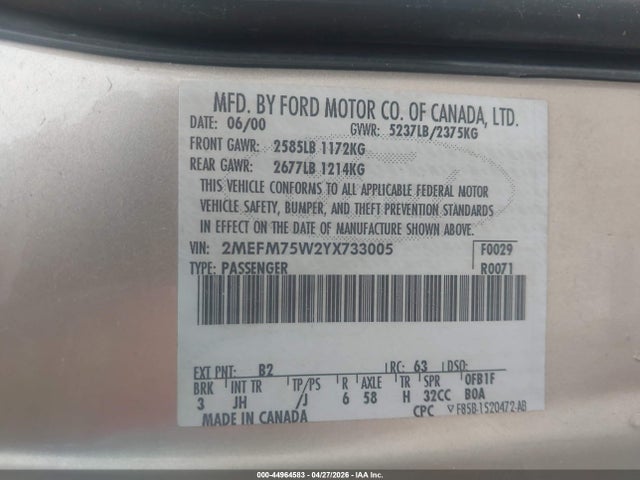 Продажа на аукционе авто 2000 Mercury Grand Marquis Ls, vin: 2MEFM75W2YX733005, номер лота: 44964583