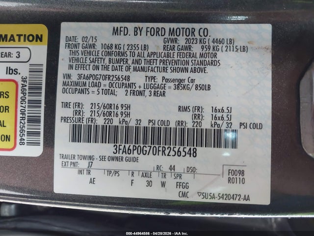 44964586 :رقم المزاد ، 3FA6P0G70FR256548 vin ، 2015 Ford Fusion S مزاد بيع