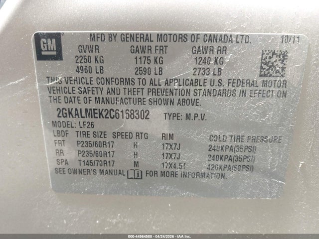 2012 Gmc Terrain Sle-1 მანქანა იყიდება აუქციონზე, vin: 2GKALMEK2C6168302, აუქციონის ნომერი: 44964588