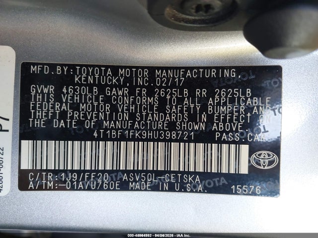 4T1BF1FK9HU398721 Toyota CAMRY SE