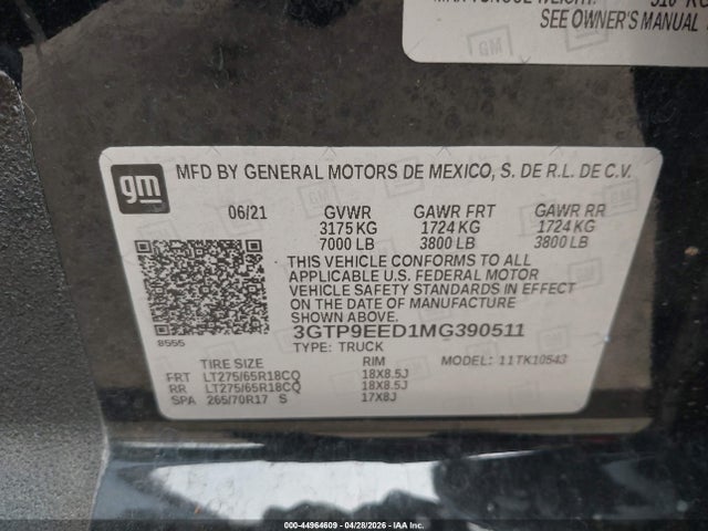 Aukcja sprzedaży 2021 Gmc Sierra 1500 4wd  Short Box At4, vin: 3GTP9EED1MG390511, numer aukcji: 44964609