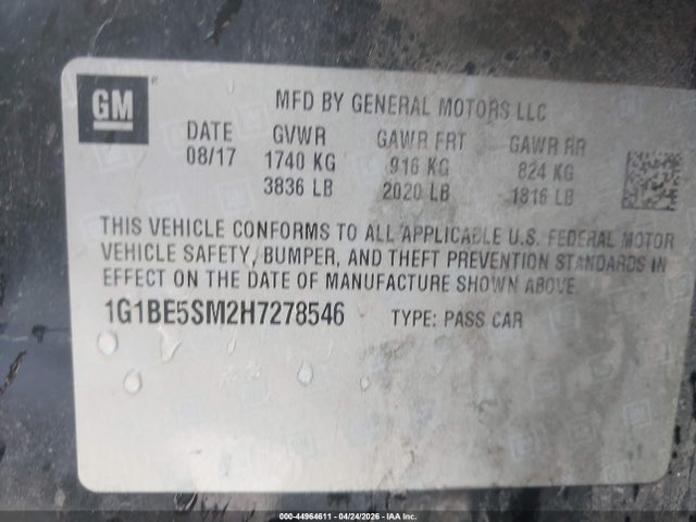 44964611 :رقم المزاد ، 1G1BE5SM2H7278546 vin ، 2017 Chevrolet Cruze Lt Auto مزاد بيع