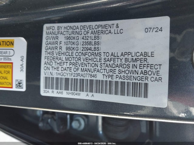 1HGCY1F23RA077846 Honda ACCORD LX