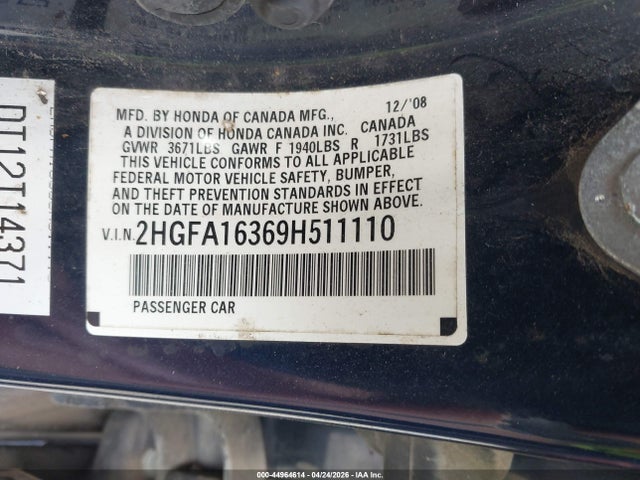 2009 Honda Civic Vp მანქანა იყიდება აუქციონზე, vin: 2HGFA16369H511110, აუქციონის ნომერი: 44964614