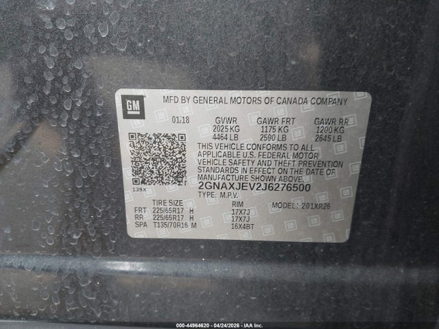 Aukcja sprzedaży 2018 Chevrolet Equinox Lt, vin: 2GNAXJEV2J6276500, numer aukcji: 44964620