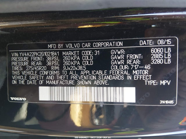 Продаж на аукціоні авто 2016 Volvo Xc90 T6 Momentum, vin: YV4A22PK2G1021841, номер лоту: 44964621