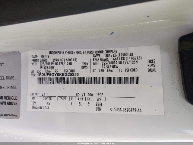 44964628 :رقم المزاد ، 1FDUF5GY8KEG25255 vin ، 2019 Ford F-550 Chassis Xl مزاد بيع