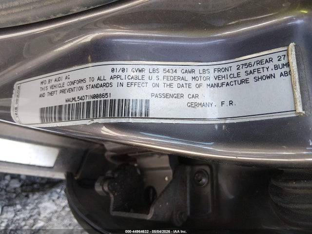 44964632 :رقم المزاد ، WAUML54D71N008651 vin ، 2001 Audi A8 4.2 مزاد بيع