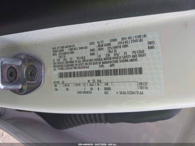 Продажа на аукционе авто 2021 Ford Escape Sel, vin: 1FMCU9H67MUB08642, номер лота: 44964636