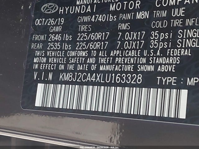 44964639 :رقم المزاد ، KM8J2CA4XLU163328 vin ، 2020 Hyundai Tucson Se مزاد بيع