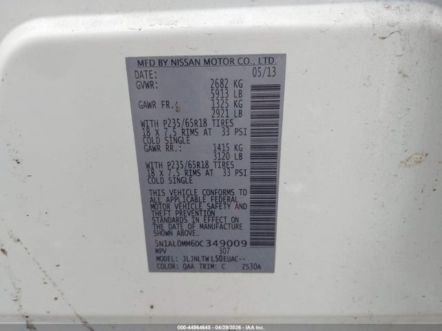 Aukcja sprzedaży 2013 Infiniti Jx35, vin: 5N1AL0MM6DC349009, numer aukcji: 44964645