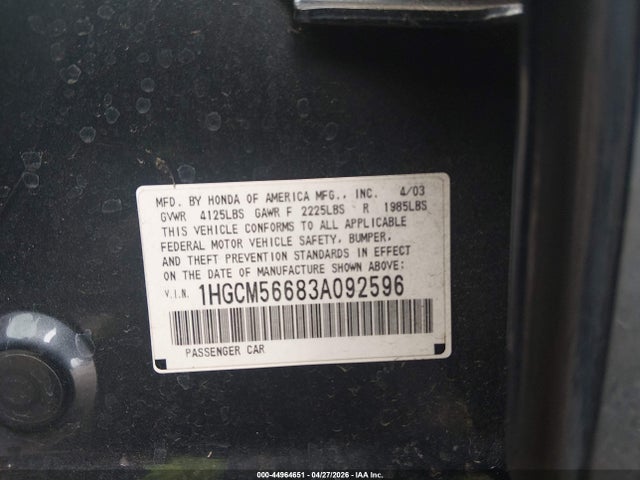 Продаж на аукціоні авто 2003 Honda Accord 2.4 Ex, vin: 1HGCM56683A092596, номер лоту: 44964651