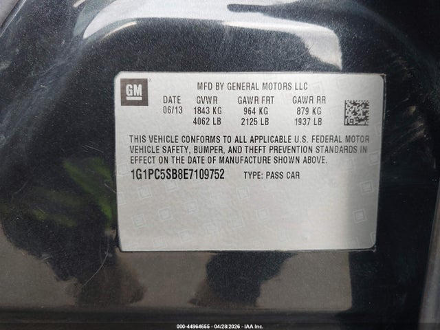 44964655 :رقم المزاد ، 1G1PC5SB8E7109752 vin ، 2014 Chevrolet Cruze 1lt Auto مزاد بيع