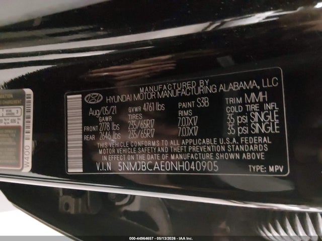 44964657 :رقم المزاد ، 5NMJBCAE0NH040905 vin ، 2022 Hyundai Tucson Sel مزاد بيع