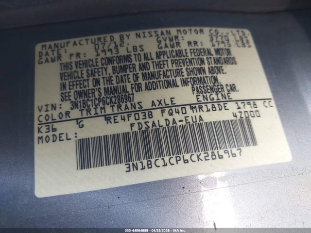 44964659 :رقم المزاد ، 3N1BC1CP6CK286967 vin ، 2012 Nissan Versa 1.8 S مزاد بيع