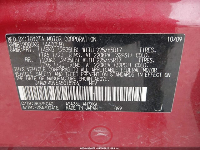 2010 Toyota Rav4 მანქანა იყიდება აუქციონზე, vin: JTMZF4DV6A5018266, აუქციონის ნომერი: 44964677