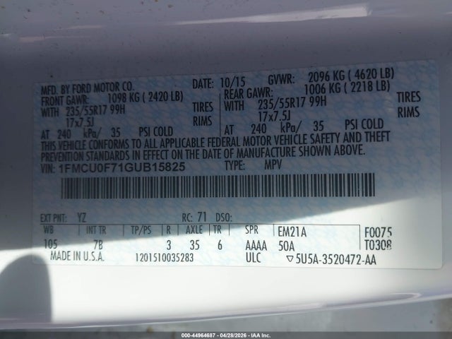 Aukcja sprzedaży 2016 Ford Escape S, vin: 1FMCU0F71GUB15825, numer aukcji: 44964687