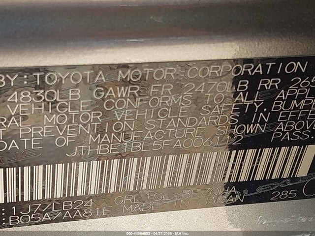 2015 Lexus Gs 350 მანქანა იყიდება აუქციონზე, vin: JTHBE1BL5FA006112, აუქციონის ნომერი: 44964693