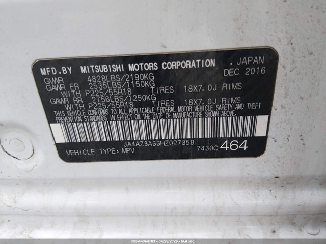 Продаж на аукціоні авто 2017 Mitsubishi Outlander Se, vin: JA4AZ3A33HZ027358, номер лоту: 44964701
