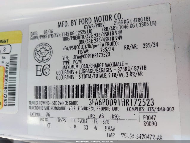 2017 Ford Fusion Titanium მანქანა იყიდება აუქციონზე, vin: 3FA6P0D91HR172523, აუქციონის ნომერი: 44964702