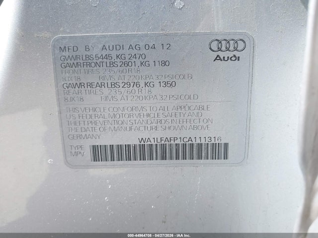 Aukcja sprzedaży 2012 Audi Q5 2.0t Premium, vin: WA1LFAFP1CA111316, numer aukcji: 44964708