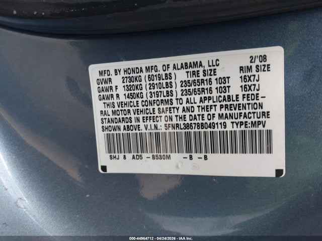 2008 Honda Odyssey Ex-l მანქანა იყიდება აუქციონზე, vin: 5FNRL38678B049119, აუქციონის ნომერი: 44964712